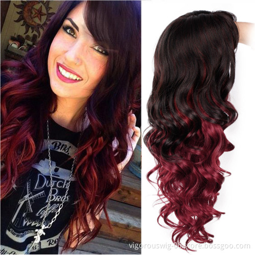 Vigorous Long Ombre Red Big Wave Synthetic Wigs for Women Side Parting with Bangs Heat Resistant Wavy Cosplay Wigs